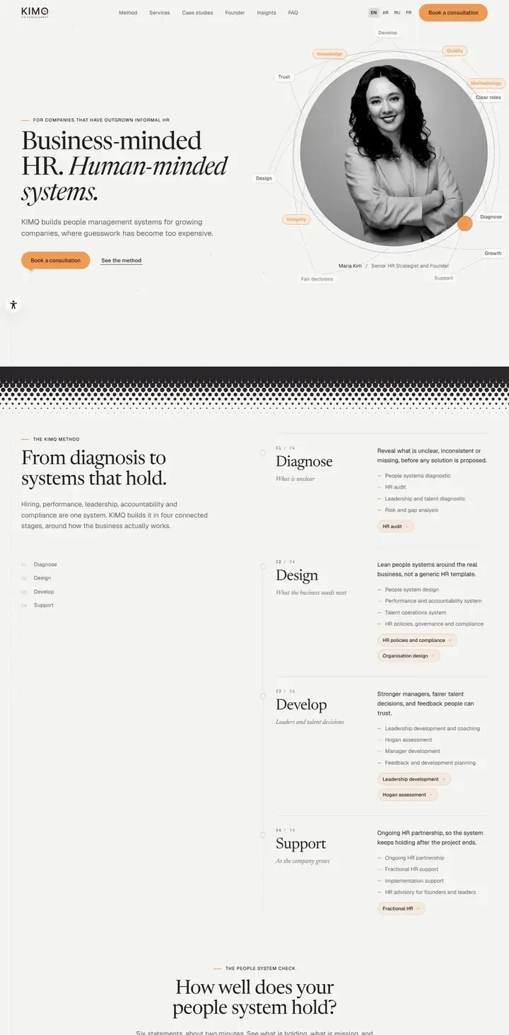 KIMQ HR Consultancy website, home page from the top